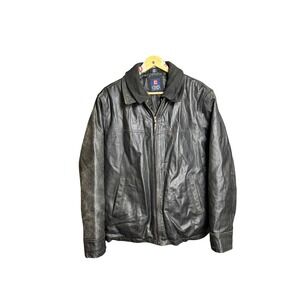 Chaps Mens Black Leather Jacket Collared Zip Up Size M